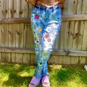 Painted Jeans Y2K styled pants distressed denim bleached jeans up-cycled jeans